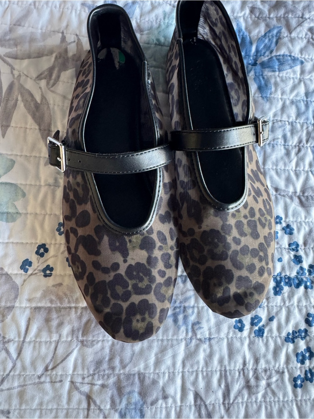 Camila Coelho Leopard Print Mary Jane Flats with Black Strap